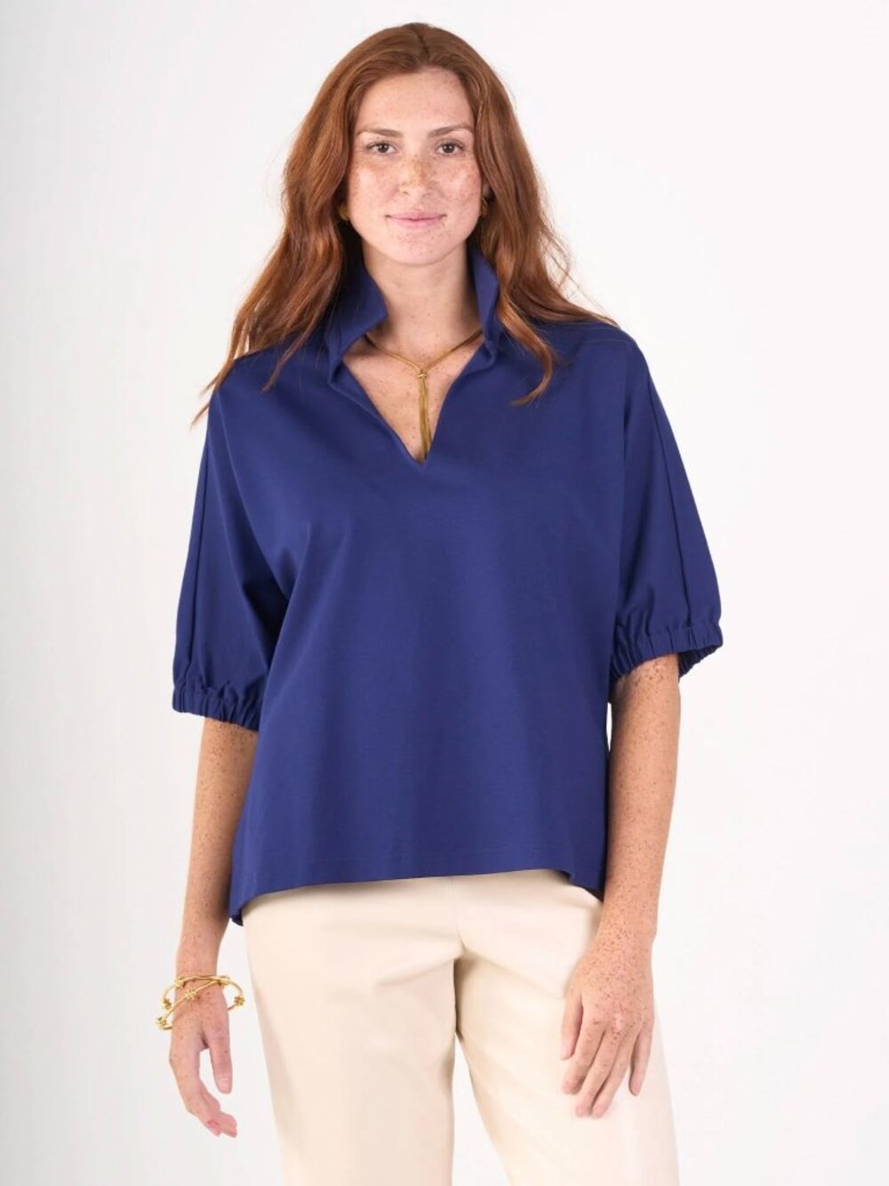 Emily McCarthy Navy Cotton Poplin V-Neck Poppy Top